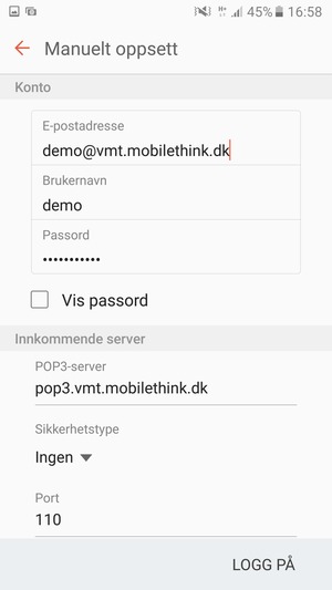 Skriv inn Brukernavn og innkommende serveradresse