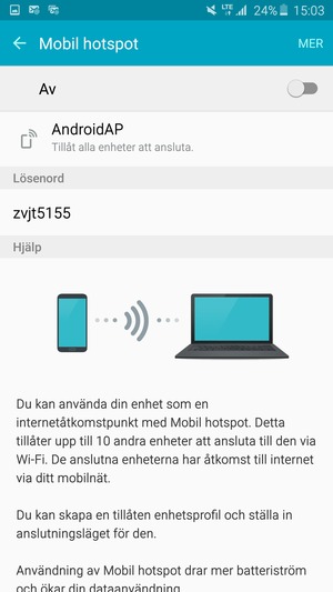Aktivera Mobil hotspot / Mobil trådløssone