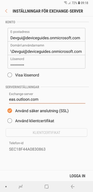 Ange Användernamn och Exchange serveradress. Välj LOGGA IN