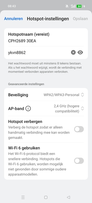 Voer een wachtwoord van een WiFi-hotspot in van ten minste 8 tekens en selecteer Opslaan