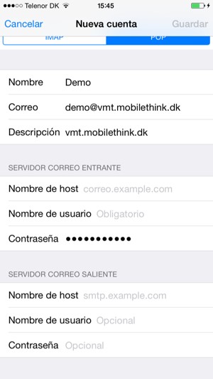 Introduzca la información correo para el SERVIDOR CORREO SALIENTE y seleccione Guadar