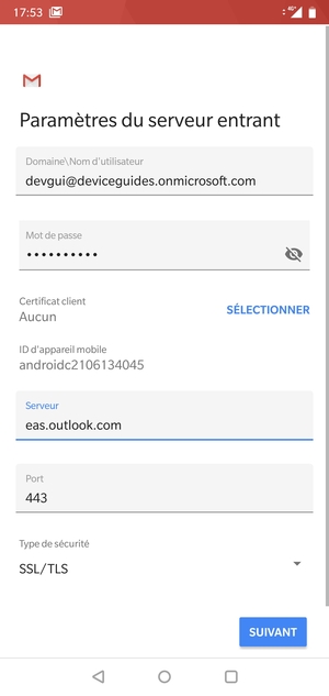 Saisissez votre Nom d'utilisateur et l'adresse du serveur Exchange. Sélectionnez SUIVANT