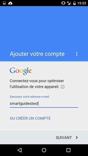 Saisissez votre adresse Gmail et sélectionnez SUIVANT