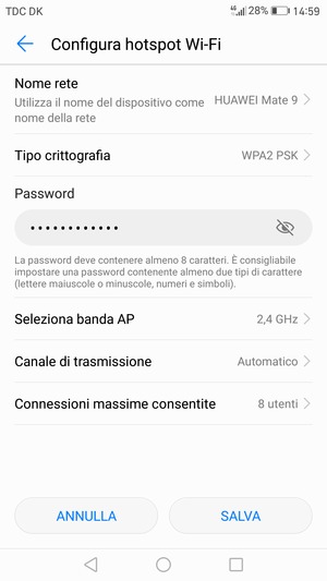 Inserisci una password dell'hotspot Wi-Fi di almeno 8 caratteri e seleziona SALVA