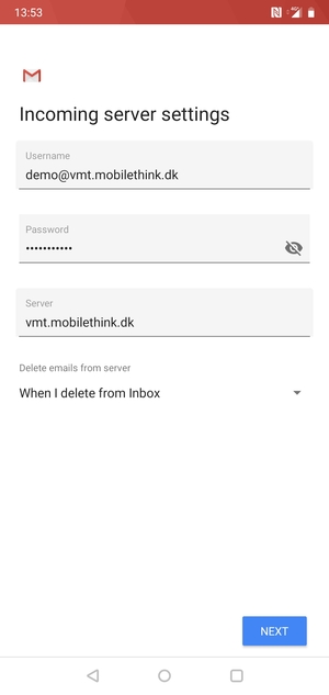 Enter Username and Incoming server address. Select NEXT
