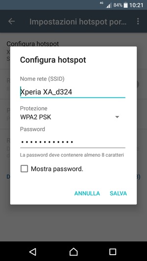 Inserisci una password dell'hotspot Wi-Fi di almeno 8 caratteri e seleziona SALVA