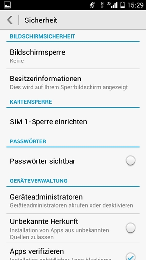 Um Ihre Bildschirmsperre zu aktivieren, gehen Sie zum Sicherheit Menü und wählen Sie  Bildschirmsperre