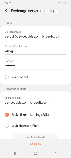 Skriv inn Brukernavn og Exchange serveradresse. Velg Logg på