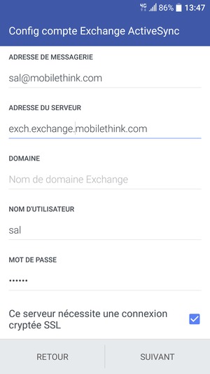 Saisissez l'adresse du serveur Exchange et le Nom d'utilisateur. Sélectionnez SUIVANT