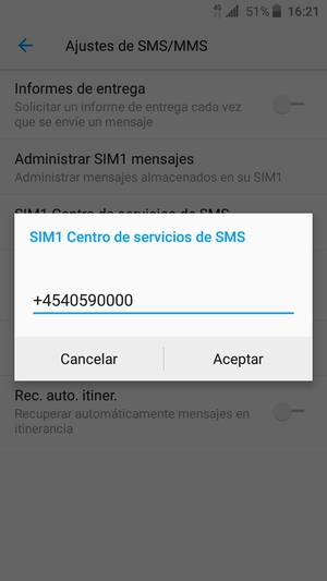 Introduzca el número de SIM Centro de servicios de SMS y seleccione Aceptar