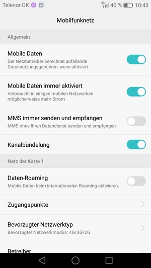 Scrollen Sie zu Netz der Karte 1 oder Netz der Karte 2 und wählen Sie Zugangspunkte