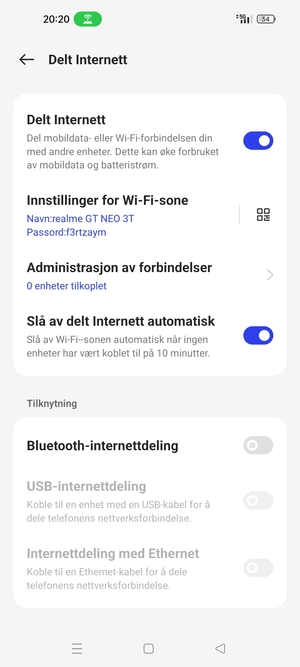 Telefonen din er konfigurert for bruk som et modem