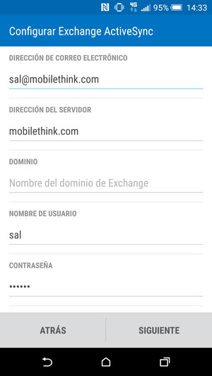 Introduzca dirección del servidor Exchange y Nombre de usuario. Seleccione SIGUIENTE