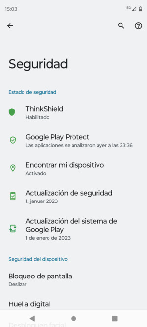 Para activar su bloqueo de pantalla, vaya al menú Seguridad y seleccione Bloqueo de pantalla