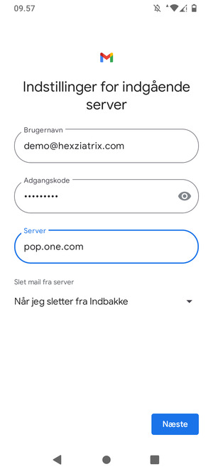 Indtast Brugernavn og Indgående serveradresse. Vælg Næste