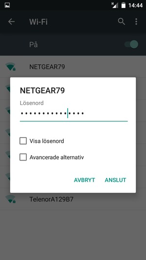 Ange lösenord till Wi-Fi och välj ANSLUT