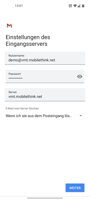 Geben Sie Nutzername und die Server-Adresse für eingehende Post ein. Wählen Sie WEITER
