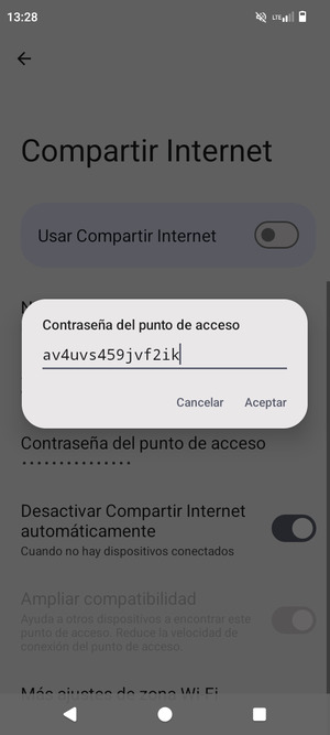Introduzca una contraseña de punto de acceso Wi-Fi de al menos 8 caracteres y seleccione Aceptar