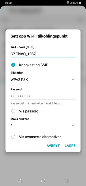 Skriv inn et passord på minst 8 tegn og velg LAGRE