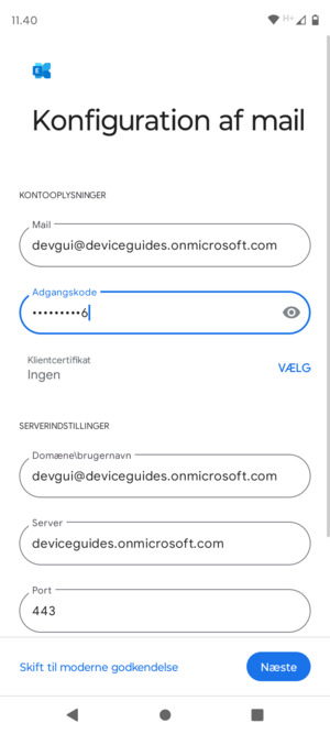 Indtast Brugernavn og Exchange serveradresse. Vælg Næste