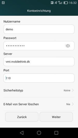 Geben Sie Nutzername und die Server-Adresse für eingehende Post ein. Wählen Sie Weiter