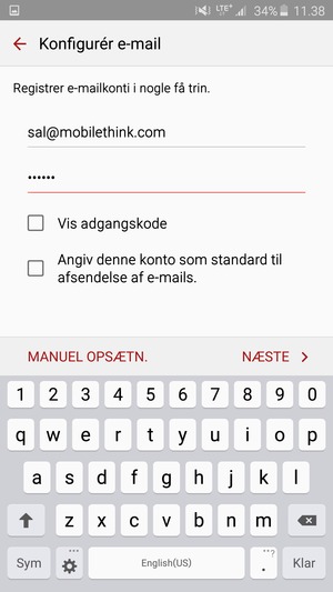 Indtast din e-mailadresse og adgangskode. Vælg MANUEL OPSÆTN.