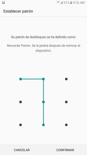 Dibuje de nuevo el patrón de desbloqueo y seleccione CONFIRMAR