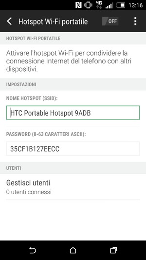 Inserisci una password di almeno 8 caratteri e abilita Hotspot Wi-Fi portatile