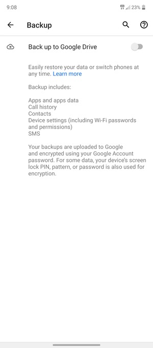 Turn on Back up to Google Drive