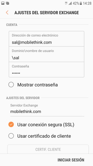 Introduzca Nombre de usuario y la dirección de servidor Exchange. Seleccione INICIAR SESIÓN