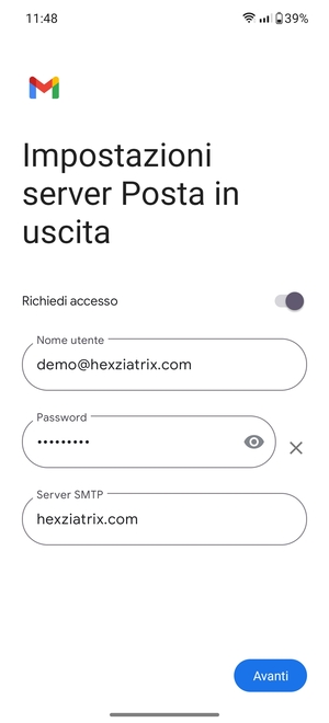 Inserisci l'indirizzo del server di posta in uscita e seleziona Avanti
