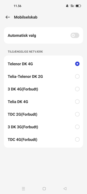 Vælg en netværksudbyder fra listen