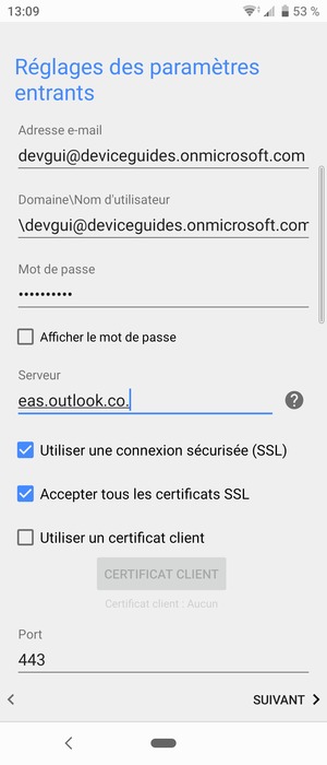 Saisissez votre Nom d'utilisateur et l'adresse du serveur Exchange. Sélectionnez SUIVANT