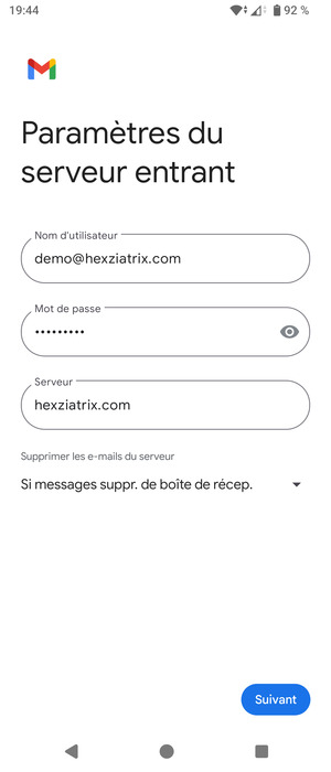 Saisissez votre Nom d'utilisateur et l'adresse du serveur entrant. Sélectionnez Suivant