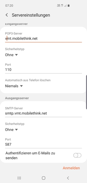 Schalten Sie Authentifizieren um E-Mails zu senden aus und wählen Sie Anmelden