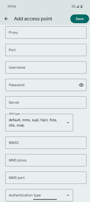 Scroll to and select APN type