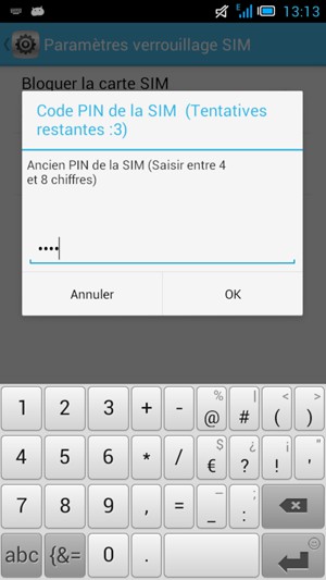 Saisissez votre Ancien PIN de la SIM et sélectionnez OK