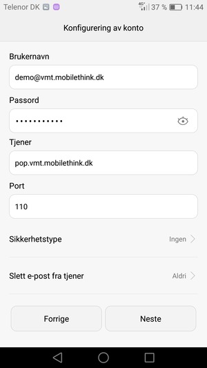 Skriv inn Brukernavn og innkommende serveradresse. Velg Neste