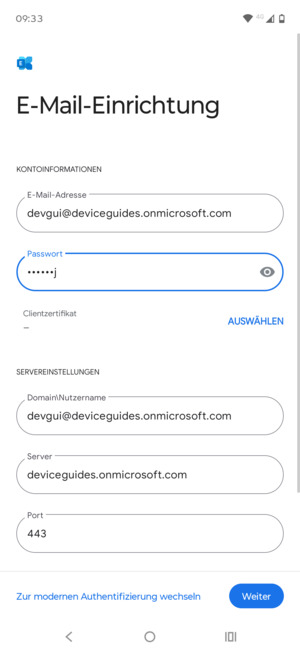 Geben Sie Benutzername und Exchange Server-Adresse ein. Wählen Sie Weiter