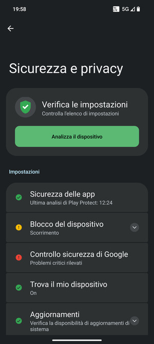 Per attivare il blocco dello schermo, vai al menu Sicurezza e  privacy e seleziona Blocco del dispositivo