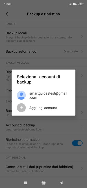 Seleziona il tuo account di backup
