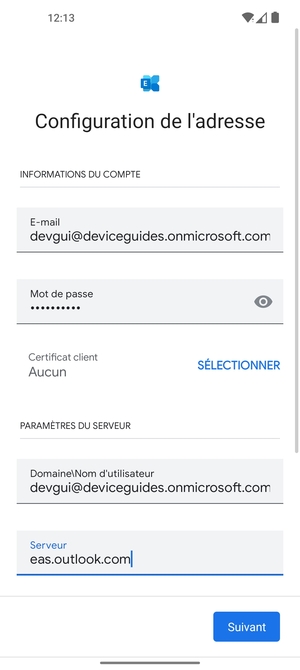 Saisissez votre Nom d'utilisateur et l'adresse du serveur Exchange. Sélectionnez Suivant