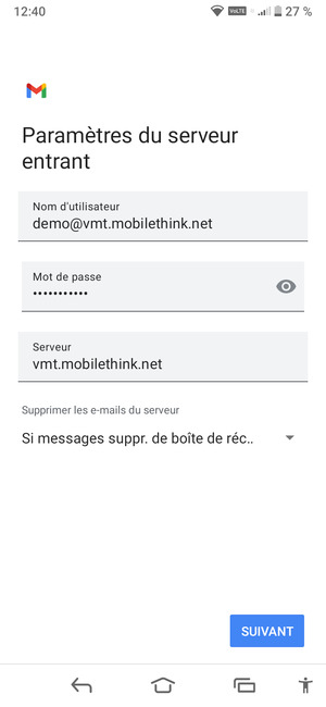 Saisissez votre Nom d'utilisateur et l'adresse du serveur entrant. Sélectionnez SUIVANT