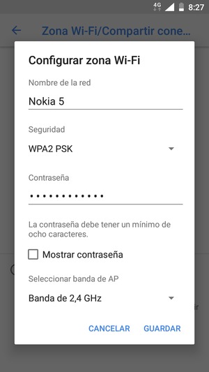 Introduzca una contraseña de punto de acceso Wi-Fi de al menos 8 caracteres y seleccione GUARDAR