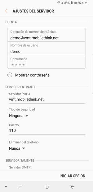 Introduzca Nombre de usuario y la dirección de servidor entrante