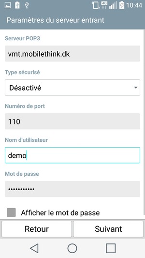 Sélectionnez l'adresse du serveur Entrant et le Nom d'utilisateur. Sélectionnez Suivant