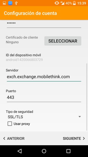 Desplácese hacia abajo e introduzca la dirección del servidor Exchange. Seleccione SIGUIENTE