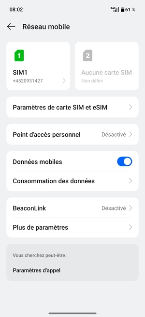 Sélectionnez SIM1 ou SIM2