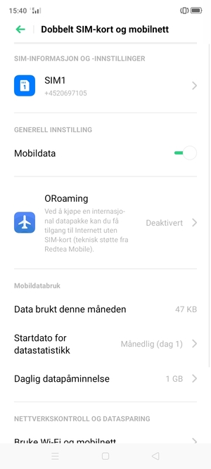 Velg SIM1 eller SIM2