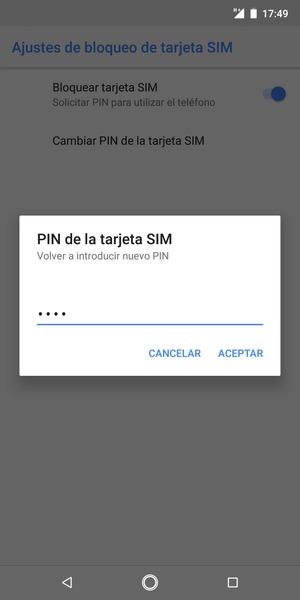 Confirme su nuevo PIN de la tarjeta SIM y seleccione ACEPTAR